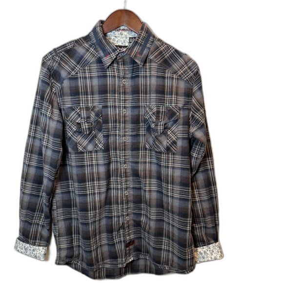 Fender Blue Brown Plaid Reversible Cuff Button Up Men's Shirt Size Medium - Picture 1 of 15